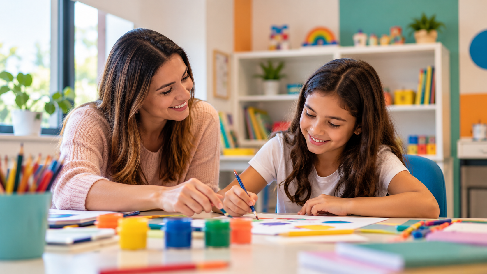 Criança em idade escolar em atividade de aprendizagem acompanhada por uma profissional